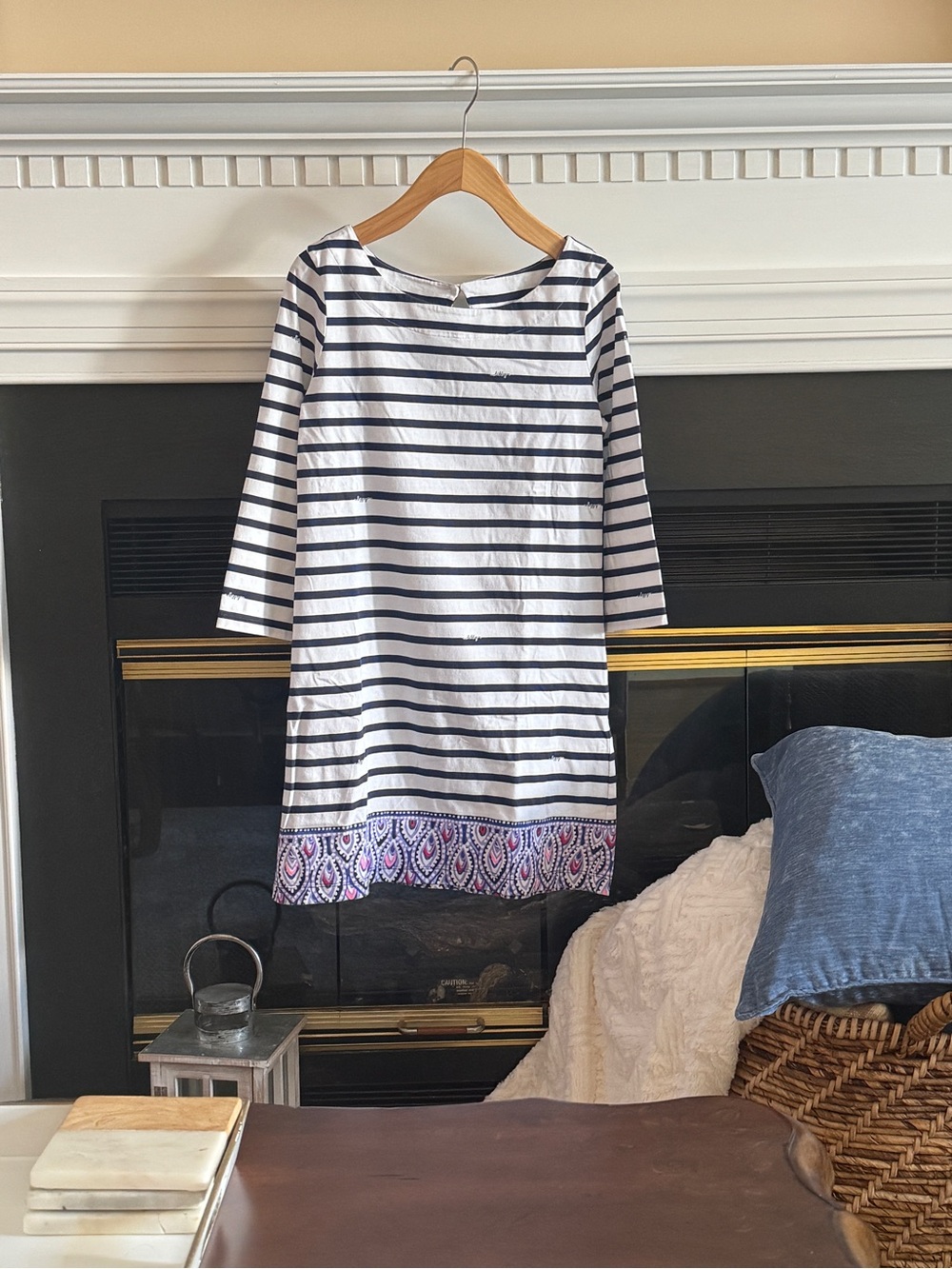Lilly Pulitzer Navy & White Striped Boatneck Dress with Paisley Hem